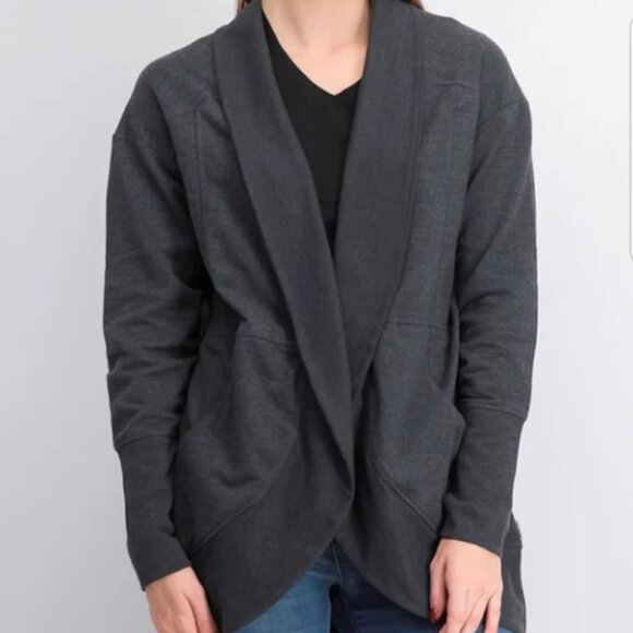 Eddie Bauer Heathered Charcoal/Dark grey Camp Fleece Wrap Cardigan Sweater M - Picture 1 of 16